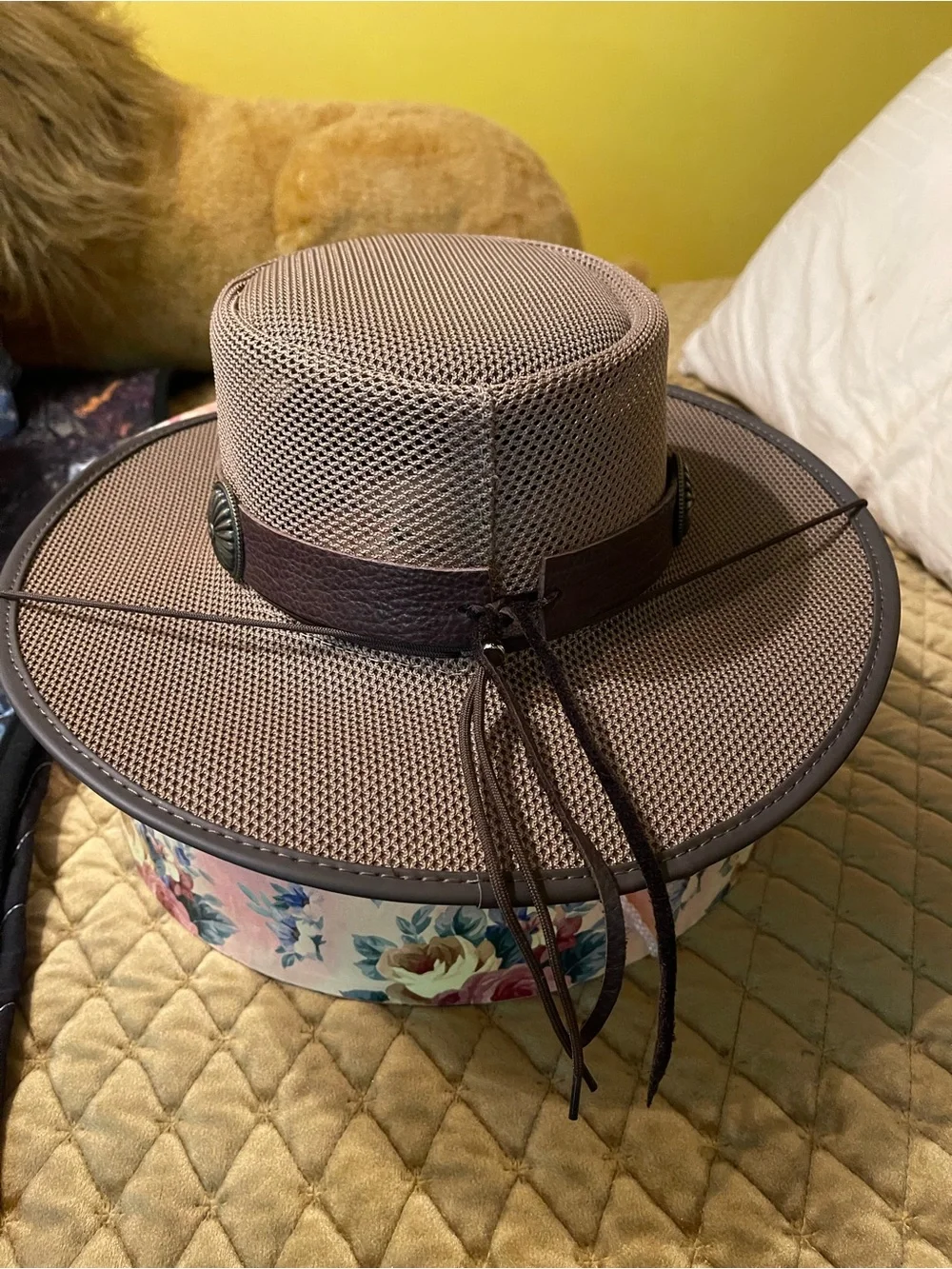 American Hat Makers Brown Mesh Outback Hat with Decorative Band